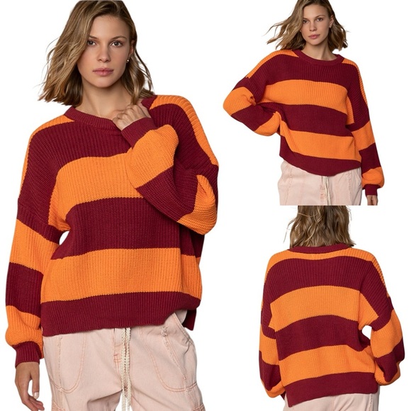 POL Striped Orange & Burgundy Pullover Knit Sweater New with Tag Choose Sz S,M,L - Picture 1 of 16
